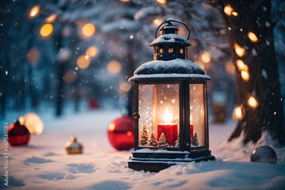 Christmas decoration with a lantern in the snow in a winter park with beautiful bokeh. Generative Ai.