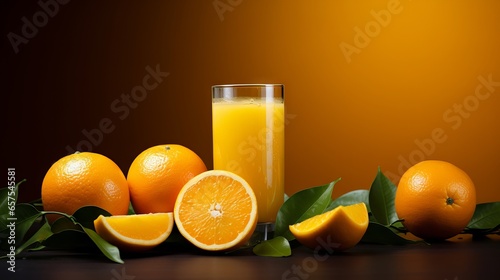 Freshly Squeezed Orange Juice in a Glass with Sliced Oranges on a Wooden Table