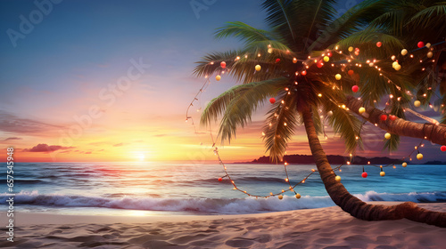 Palm tree decorated for christmas on a tropical ocean beach resort