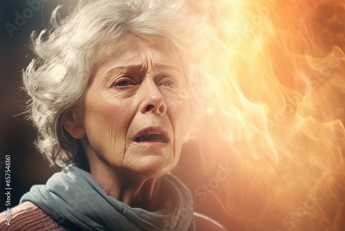 Hot flashes during menopause of elderly woman photo