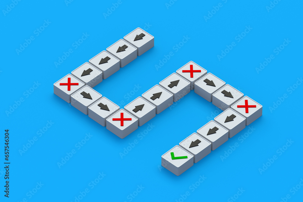 Problem solving. Persistence in achieving goals. A difficult path to success. Overcoming obstacles. Lots of wrong decisions. Cubes with arrows, crosses and checkmark. 3d render Problem solving. Persistence in achieving goals. A difficult path to success. Overcoming obstacles. Lots of wrong decisions. Cubes with arrows, crosses and checkmark. 3d render
