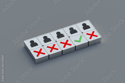 Selecting the best candidate. Climbing the career ladder. Meeting requirements for employment. Choosing the right employer. Check Mark, cross and human icon on cubes. 3d render