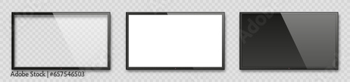 Realistic TV screen collection. Empty tv frame. LCD TV screen on a transparent background. Modern stylish lcd panel, led type. Large computer monitor display mockup. Vector illustration