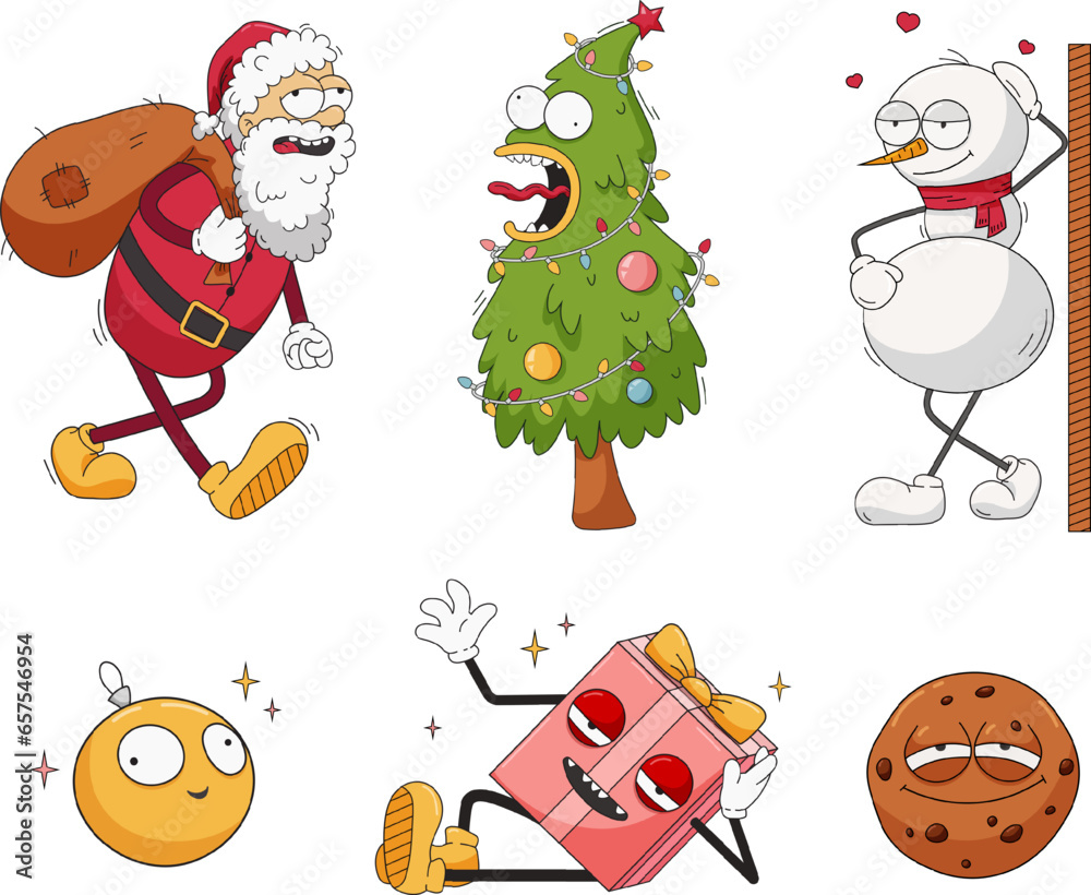 Set of Christmas and New Year characters. Santa, Christmas tree, gift, snowman, Christmas ball and cookies. Funny retro cartoon character in the style of old school Set of Christmas and New Year characters. Santa, Christmas tree, gift, snowman, Christmas ball and cookies. Funny retro cartoon character in the style of old school