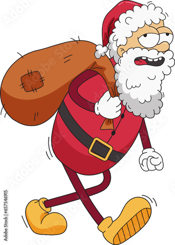 Tired Santa Claus with bag on his back. Retro cartoon character in the style of old school. Christmas character