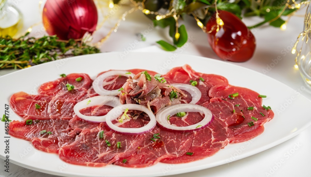 beef carpaccio closeup with onion rings on a white festive table Generated image