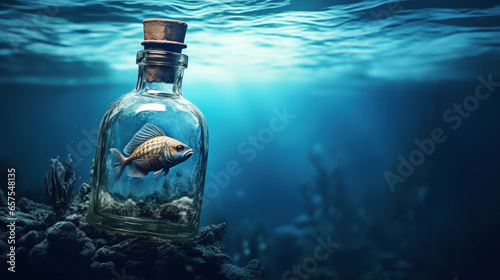 Fish in a bottle under the sea - freedom and spiritual awakening concept