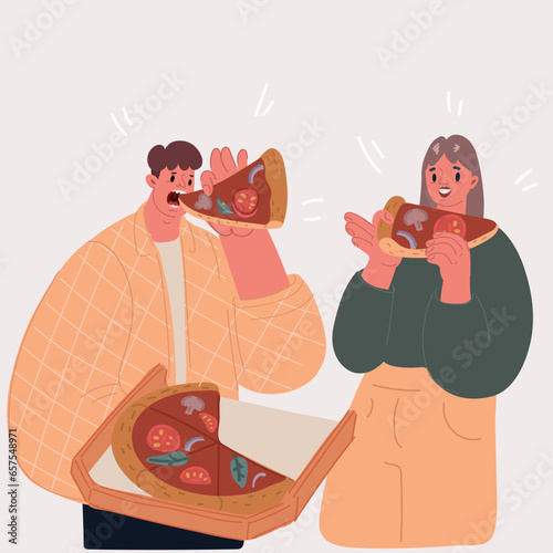 Vector illustration of Friends eating pizza. They are having party at home, eating pizza and having fun. Happy couple of friends