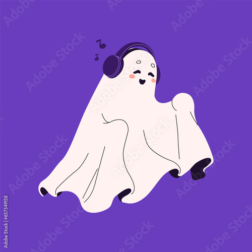 Halloween phantom listening music. Cute ghost with headphone relax. Friendly spook dancing. Funny spirit with happy face smile. Helloween party decoration for kids. Flat isolated vector illustration