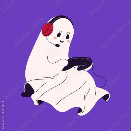 Happy ghost with headphones play on game console. Playful spook hold controller in hands. Baby phantom with headset and joystick. Halloween party decoration. Flat isolated vector illustration