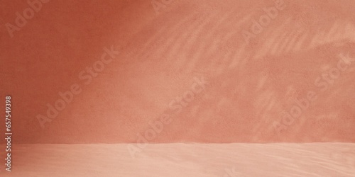 Photos terra cotta plaster wall with shadow of palm leaves, 3d render
