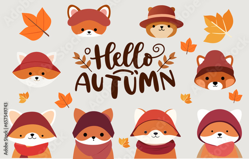 hello autumn a cute autumn animal collections cartoon vector maple fox bear cat wildlife forest 