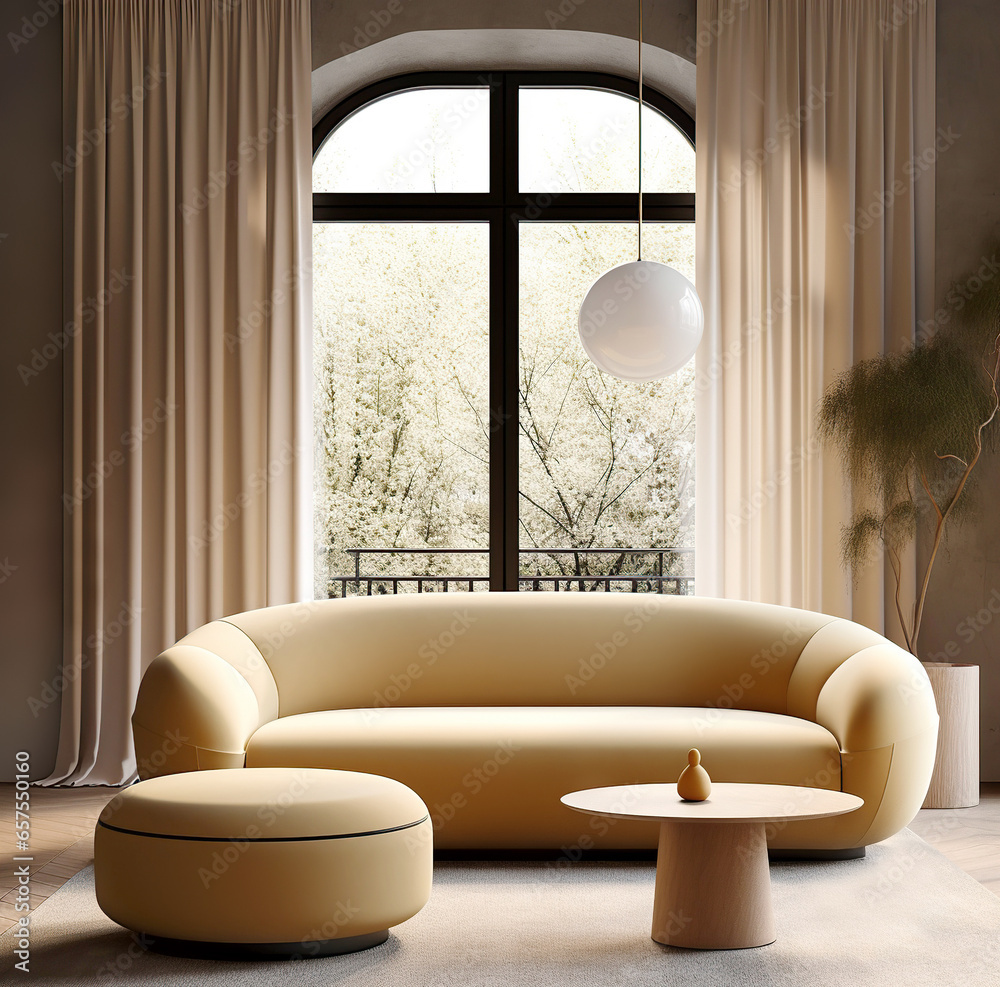 Yellow curved sofa and round ottoman against arched window dressed with