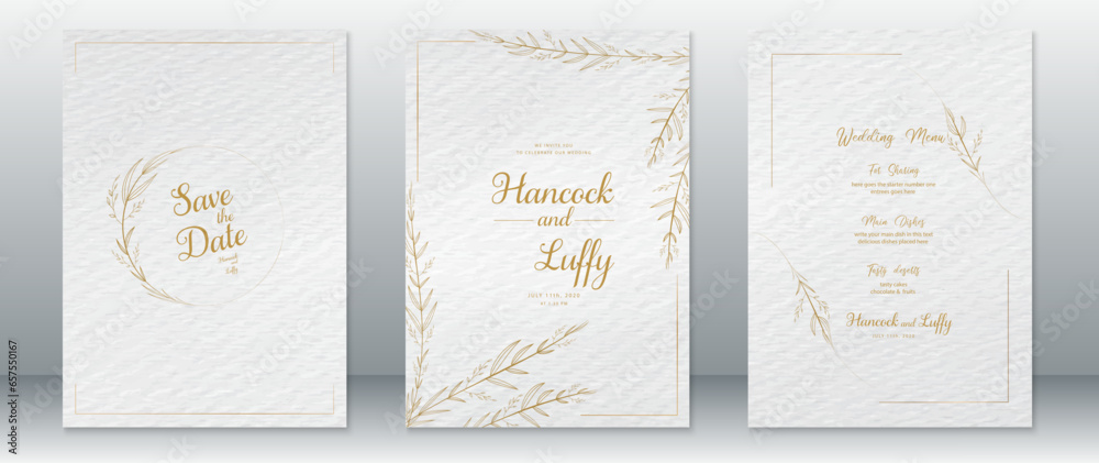Wedding invitation card template luxury design with gold frame ,gold leaf wreath and watercolor texture background