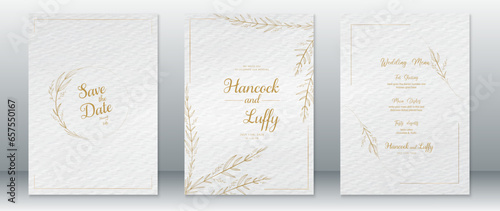 Wedding invitation card template luxury design with gold frame ,gold leaf wreath and watercolor texture background