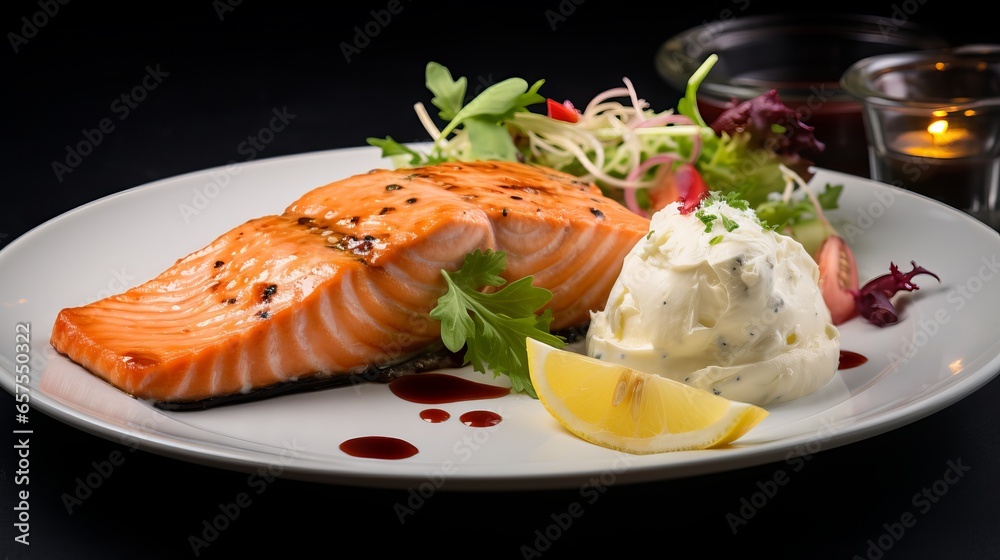 Raw Salmon with Salad and Ice Cream: A Delicious and Healthy Meal. Food Photography Raw Salmon with Salad and Ice Cream: A Delicious and Healthy Meal. Food Photography