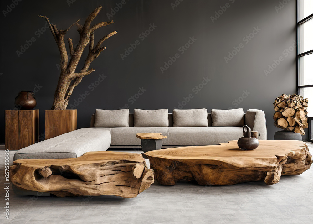 Wooden live edge coffee near grey corner sofa against black wall with copy space. Japanese style home interior design of modern living room. - obrazy, fototapety, plakaty 
