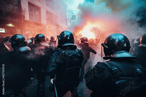 Police dispersing tear gas amid a crowd of protesters, showcasing the chaos and emotional turmoil. Generative Ai © bluebeat76