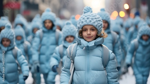 Lovely kids in same pastel blue warm and comfy winter clothes posing in the street. Uniformity in trends concept. Generative AI