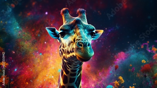 A giraffe standing in front of a colorful background