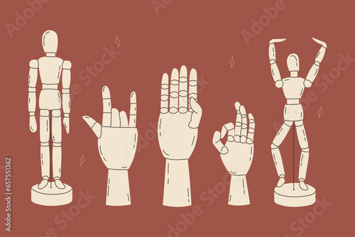 Wooden articulated figurine of a mannequin and hands in various poses for learning to draw in a cartoon style. Fingers show various gestures. Trendy modern vector illustration, hand drawn, flat design