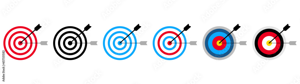Target with arrow icons set. An arrow for trilling from a bow at a colored target. Archery target with arrow isolated vector graphics EPS 10 - obrazy, fototapety, plakaty 