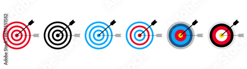 Target with arrow icons set. An arrow for trilling from a bow at a colored target. Archery target with arrow isolated vector graphics EPS 10