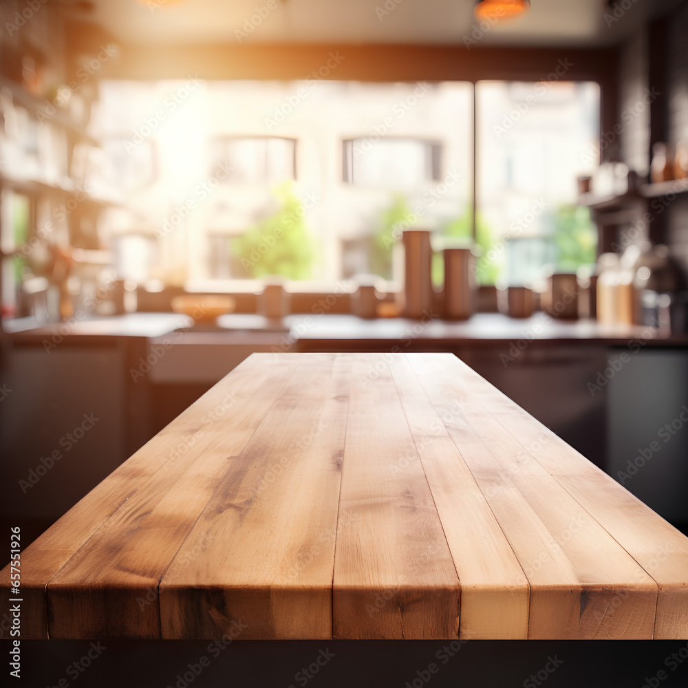 Wooden table on blurred kitchen bench background. Empty wooden table and blurred kitchen background, Generative AI Wooden table on blurred kitchen bench background. Empty wooden table and blurred kitchen background, Generative AI