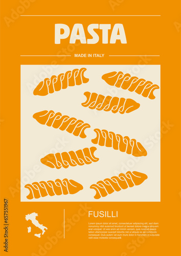 Italian macaroni types, labels for packages set. Fusilli pasta. Organic and natural product, gourmet ingredient for cooking dishes. Handmade and tasty. Vector in flat style