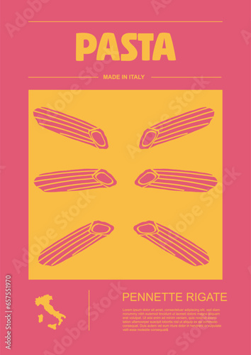 Italian macaroni types, labels for packages set. Pennette, rigate pasta. Organic and natural product, gourmet ingredient for cooking dishes. Handmade and tasty. Vector in flat style