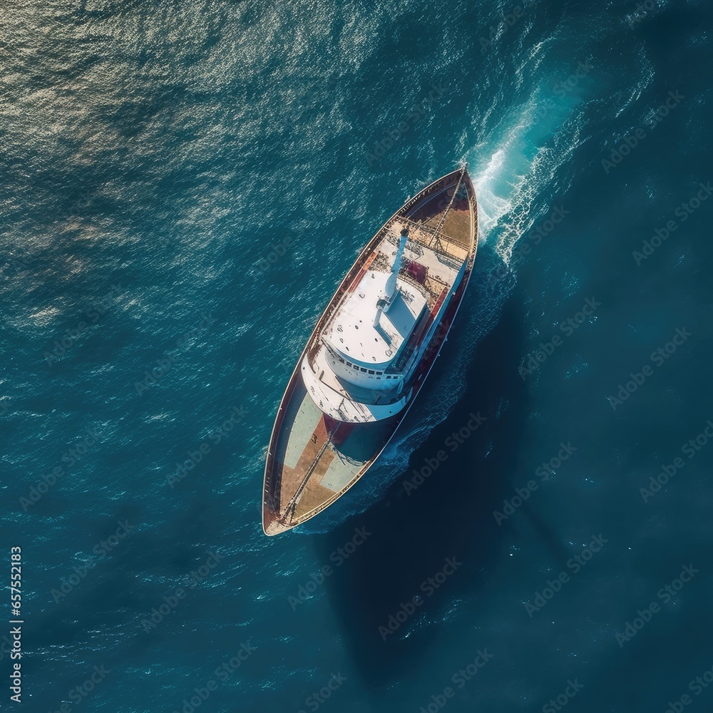 Aerial top  view of cargo ship in the ocean. Generative Ai.