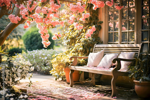 Beautiful bench near the house in a luxurious garden with cushions for sitting, rest and relaxation photo