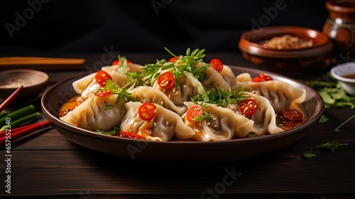 Delicious Asian Dumplings with Meat and Vegetable Filling on a White Plate - Side View