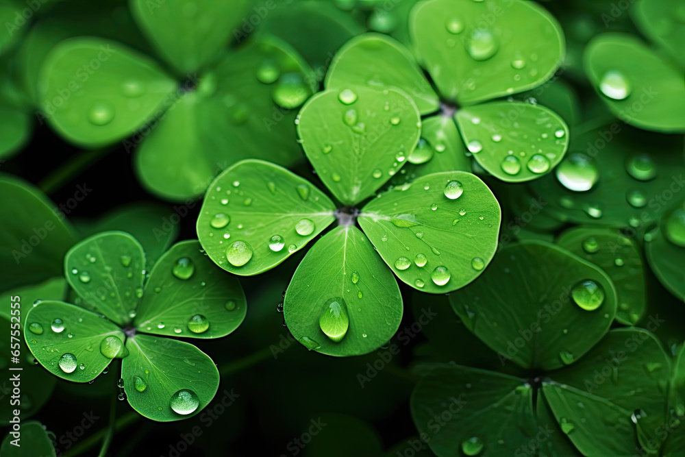 water drops on green clover  leaf, St. Patrick's Day background 