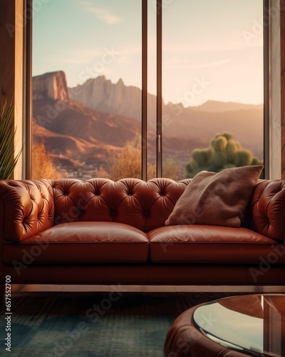 Brown Leather Couch with Mountain View © Homeo