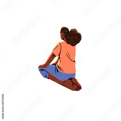 Woman sitting with calm breath in yoga pose back view. Person relax in retreat, care about wellness.Vipassana meditation, spiritual practice, stretching training. Flat isolated vector illustration