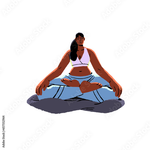 Meditation in retreat. Woman sitting in yoga asana on pillow. Girl do breath training, rest in lotus pose. Person care about mental wellness, do fitness. Flat isolated vector illustration on white