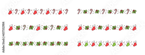 Christmas themed decorative border and text divider set, Christmas Stocking, Candy Cane and Mistletoe Pattern. Vector Illustration.