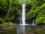 Waterfall in beautiful forest by a lake - nature background