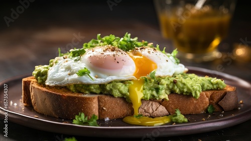 Healthy and Delicious Breakfast: Toast with Fresh Guacamole and Sunny Side Up Egg on a White Plate