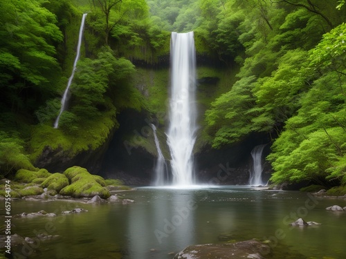 Waterfall in beautiful forest by a lake - nature background