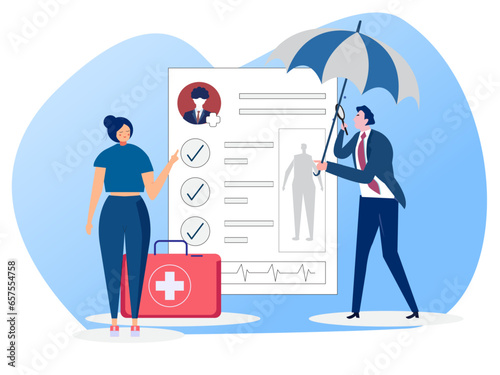 Medical insurance. Concept of health insurance and life insurance. Protection of health and life of people with document of insurance. Healthcare and medical service. Vector illustration in flat