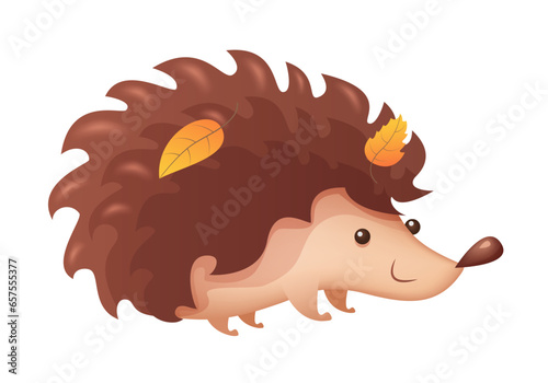 Hedgehog. Hedgehog with yellow leaves on needles. 3d clipart isolated on white background.
