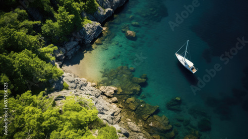 Boat moored in a cove with green forests all around aerial view