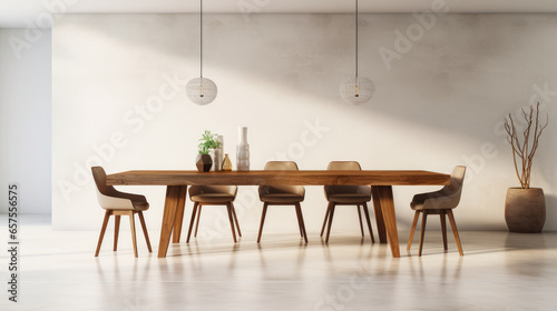 Interior design of stylish dining room interior with family wooden table, modern chairs, plate with nuts, salt and pepper shakers. Concrete floor. White wall. © Oulailux