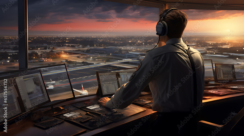 Fototapeta premium image that showcases the dedication of air traffic controllers as they ensure the safe and efficient movement of aircraft in the skies, their precision and communication skills underscoring the herois