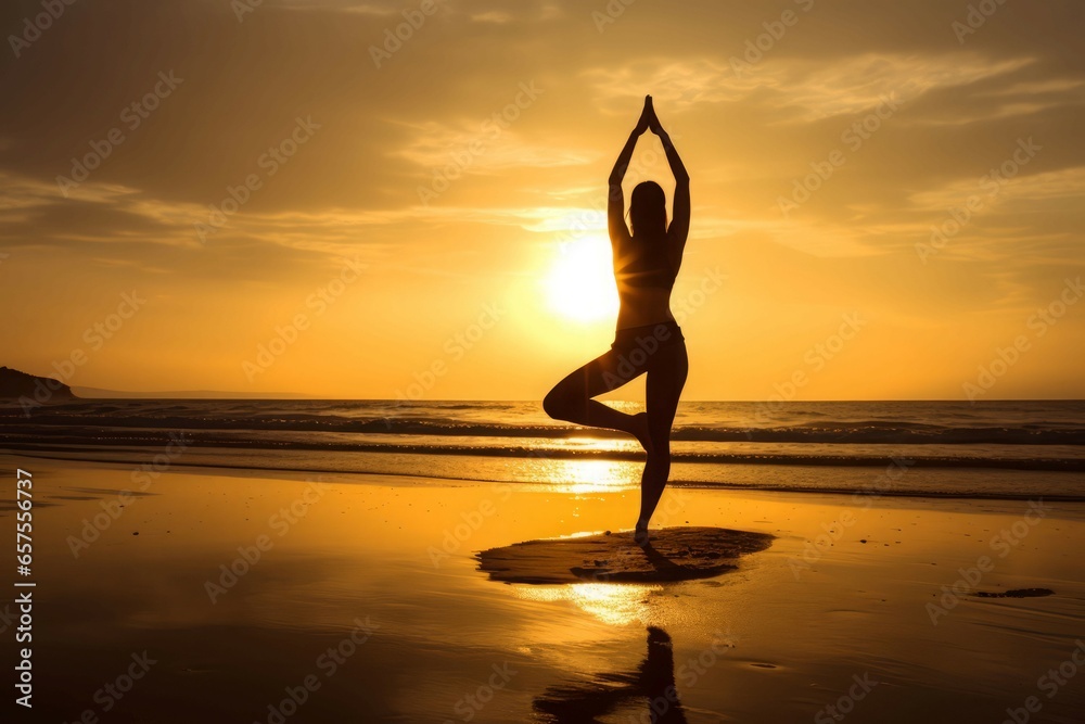 Yoga woman beach sunset. Sea female. Generate Ai