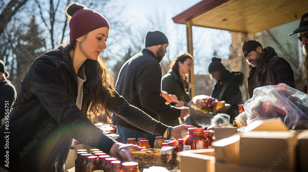 a scene at a food bank where volunteers distribute meals to those in need, their selflessness and kindness embodying the heroism of community helpers who support the vulnerable