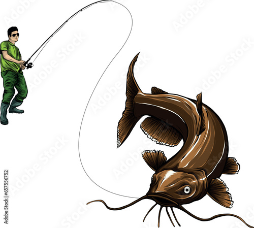 vector illustration of fisherman catching a catfish