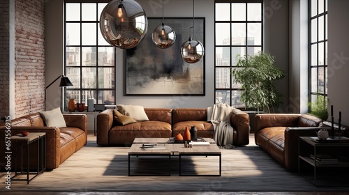 Living room featuring leather sofas and metal coffee tables. Highlight bare light bulbs and metal pendant lights. Colors: Burnt sienna, slate gray, and raw umber